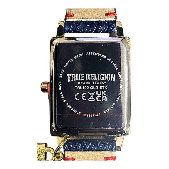 True Religion Women’s Gold Navy Denim Strap Watch Rectangular Lock Charm TRL100 - Picture 7 of 13